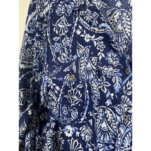 Emily Daniels Top 2X Blue Paisley Slinky Knit Travel Button Up Coastal Mature - Picture 6 of 13
